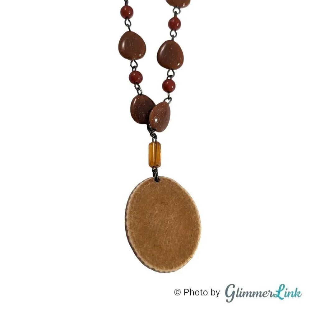 Vintage Bohemian Faux Goldstone Beaded Carved Pendant Necklace